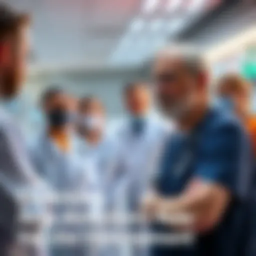 A surgeon in scrubs with a stethoscope, discussing vaccine research with team members in a lab setting