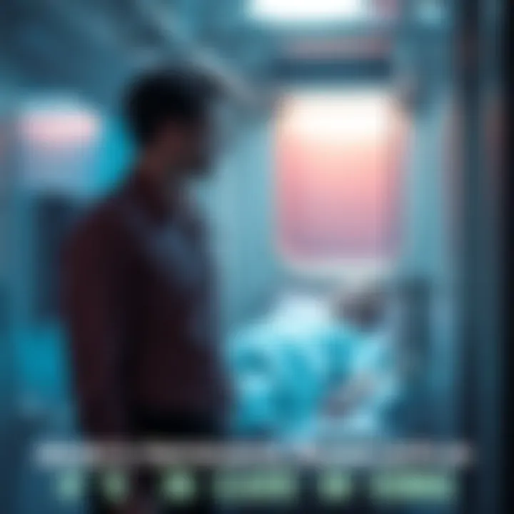 Jesse observing Dylan in a containment cell Jesse stands by the containment cell, looking concerned as Dylan lies unconscious inside during his coma, reflecting tension and care.