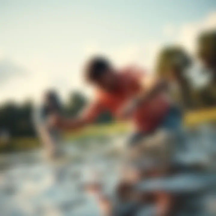 Jesse wades into a pond on the golf course, reaching for a golf ball while soaked from head to toe.