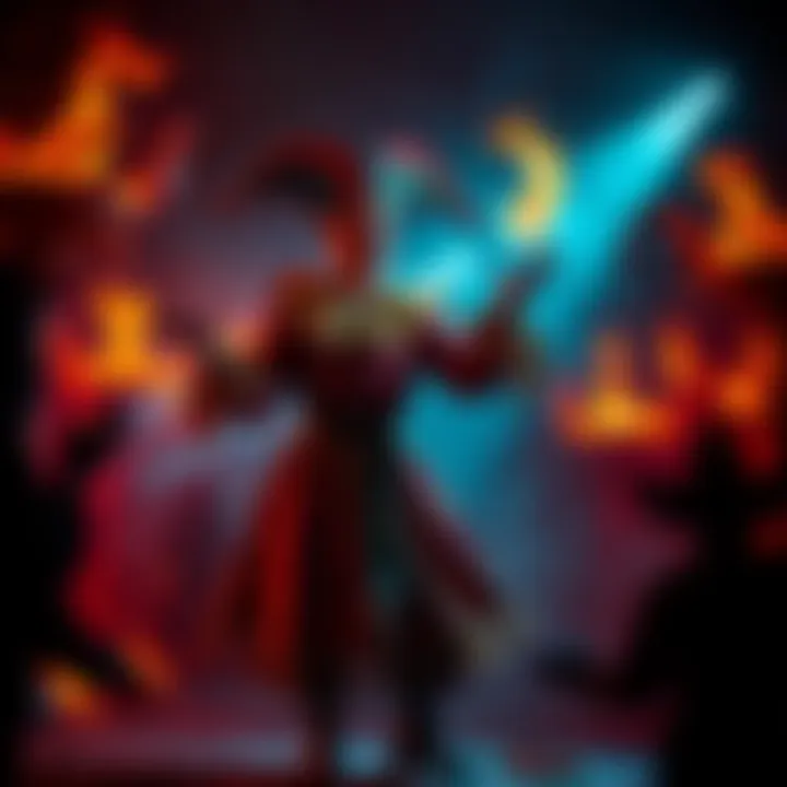 A colorful jester wearing a traditional costume, juggling while surrounded by flames and shadowy figures in a dark and humorous setting