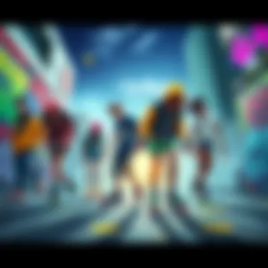 A group of diverse young people on rollerblades, spray painting graffiti in a colorful urban setting, showcasing the vibrant style of Jet Set Radio.