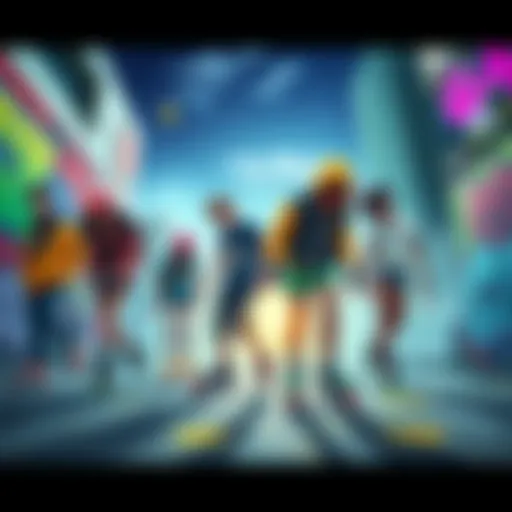 A group of diverse young people on rollerblades, spray painting graffiti in a colorful urban setting, showcasing the vibrant style of Jet Set Radio.
