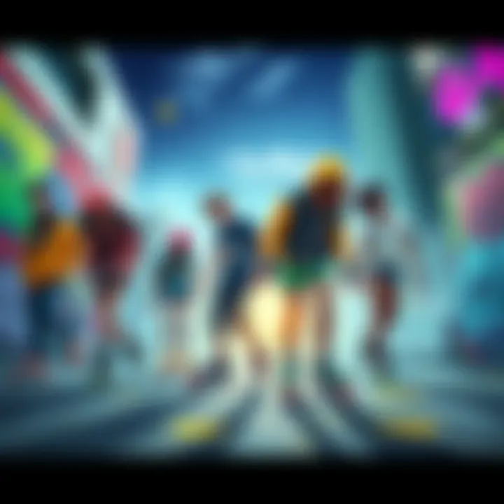 A group of diverse young people on rollerblades, spray painting graffiti in a colorful urban setting, showcasing the vibrant style of Jet Set Radio.