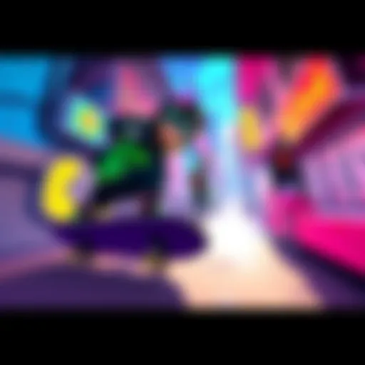 Gameplay scene from Jet Set Radio reboot showing characters skating and tagging in a colorful urban setting