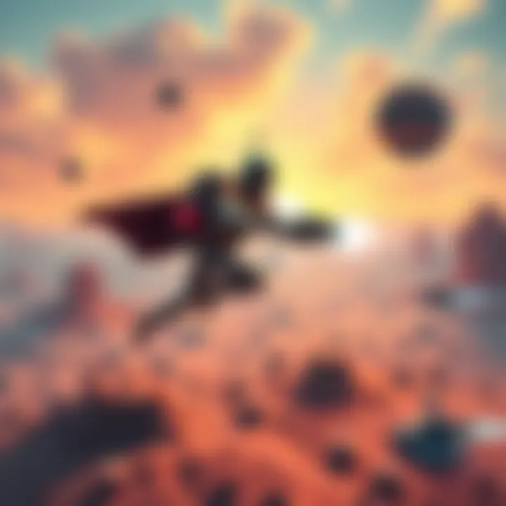 A futuristic scene showing a character equipped with a jetpack soaring through a vibrant sci-fi landscape, engaging in aerial combat.