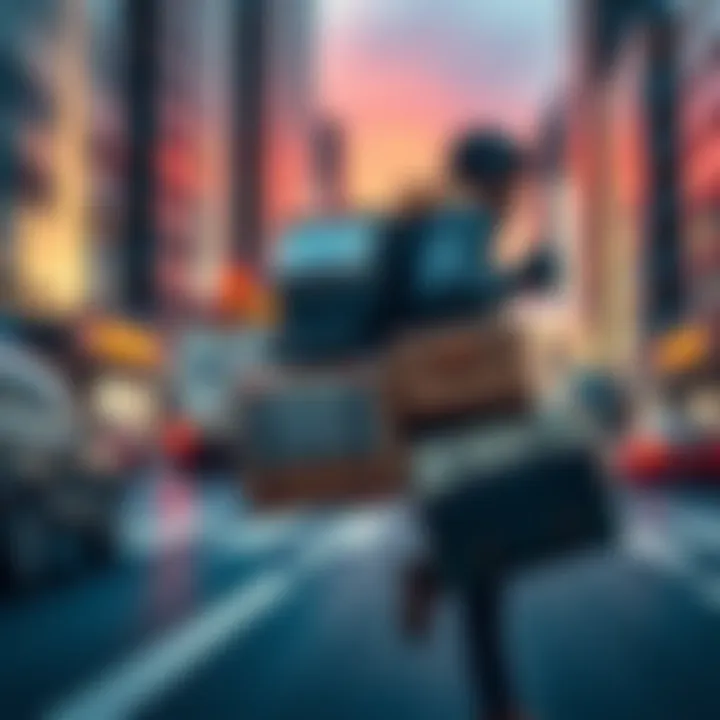 Jetpack for Cargo Transport A person wearing a jetpack while carrying cargo in a city environment