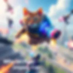 A cat wearing a jetpack flies through the air, surrounded by colorful game graphics, helping teammates from above.