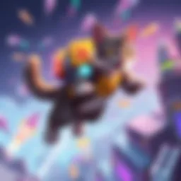 A dynamic illustration of Jetpack Cat soaring with its jetpack, showcasing its abilities in a colorful game environment.