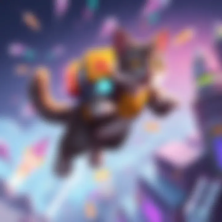 Jetpack Cat in action A dynamic illustration of Jetpack Cat soaring with its jetpack, showcasing its abilities in a colorful game environment.