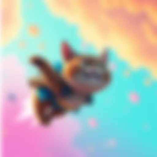 A playful cat wearing a jetpack flying in a colorful sky with a happy expression