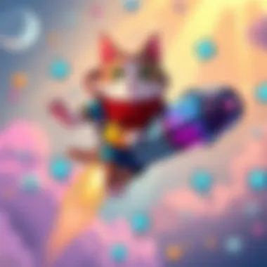 A colorful illustration of Jetpack Cat flying with a jetpack, showcasing different artistic styles and creativity from various artists.