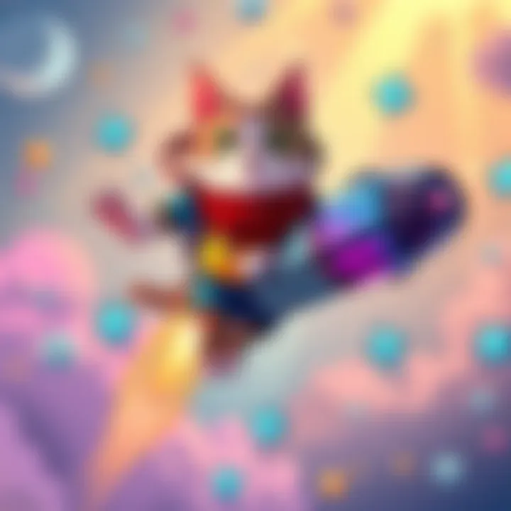 A colorful illustration of Jetpack Cat flying with a jetpack, showcasing different artistic styles and creativity from various artists.