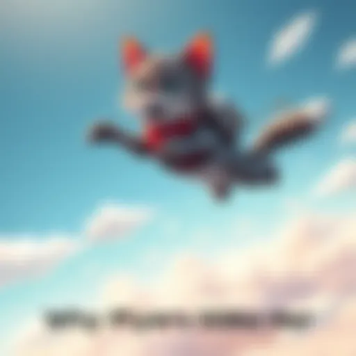 A cartoon cat wearing a jetpack soaring through the sky, illustrating the character's ability to fly and the controversy surrounding her game mechanics.