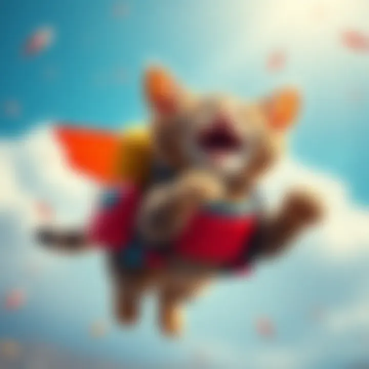 A playful cat wearing a colorful jetpack, soaring through the air with joy during a game