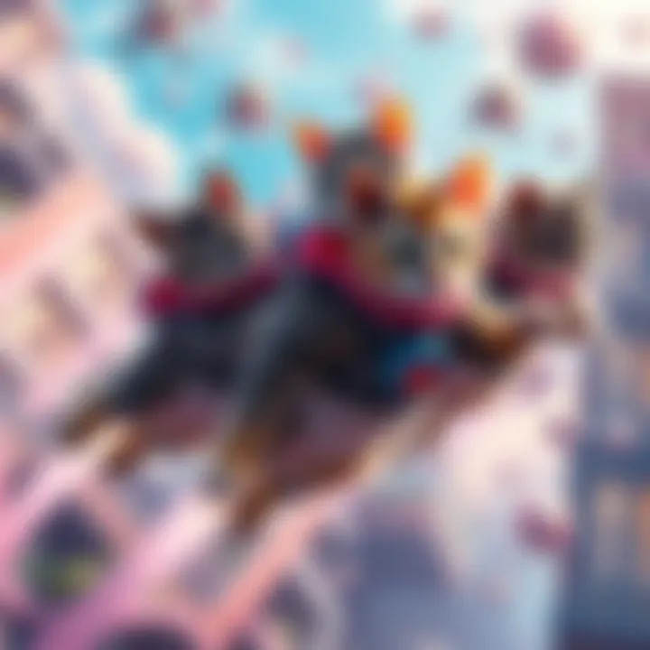 A group of playful jetpack cats flying together in a vibrant gaming world, showcasing teamwork and coordination while saving each other during a battle.