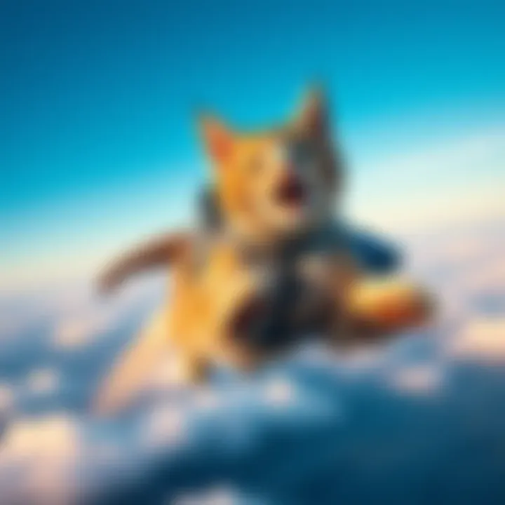 A playful cat wearing a jetpack soaring through the sky, showcasing its adventurous spirit
