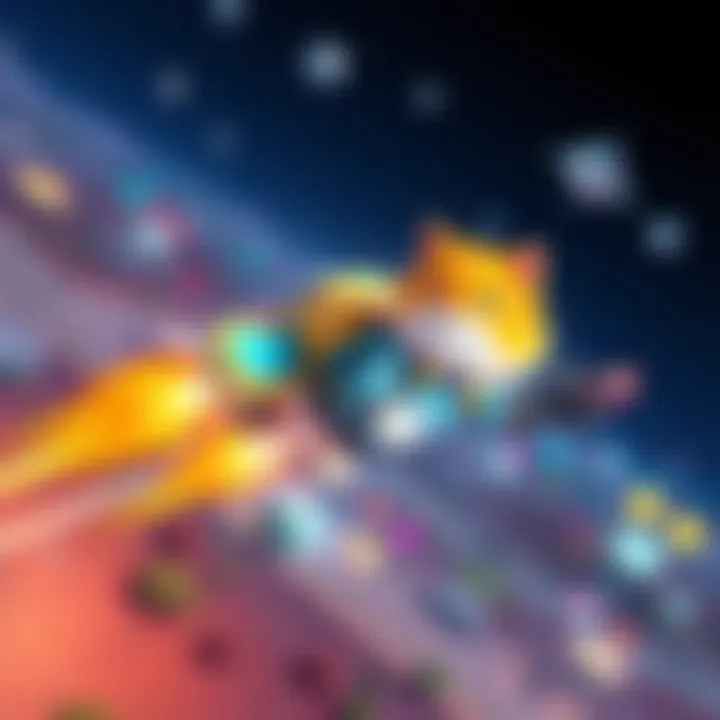 A cartoon cat wearing a jetpack, towing a teammate while flying above a vibrant game landscape.