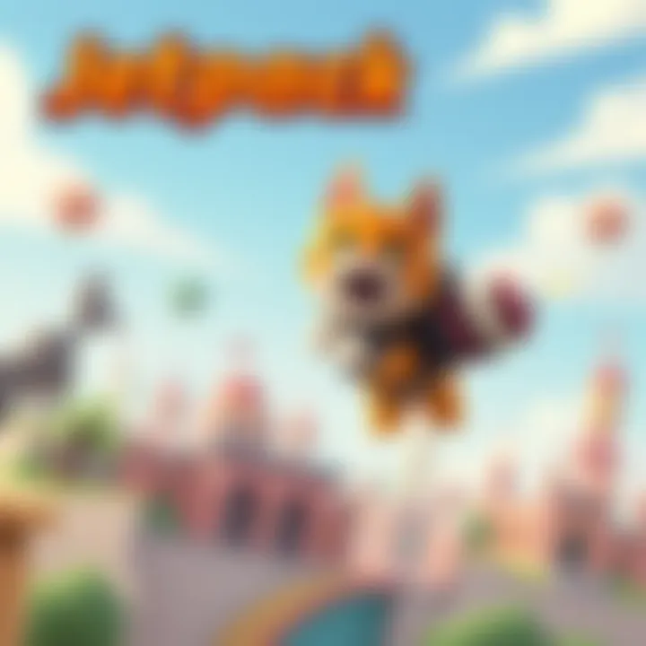 A cartoon cat wearing a jetpack soaring through the sky, showcasing its playful abilities in a colorful game environment.