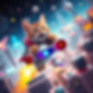 A playful cat wearing a jetpack zooms through a colorful gaming landscape, causing chaos and excitement.