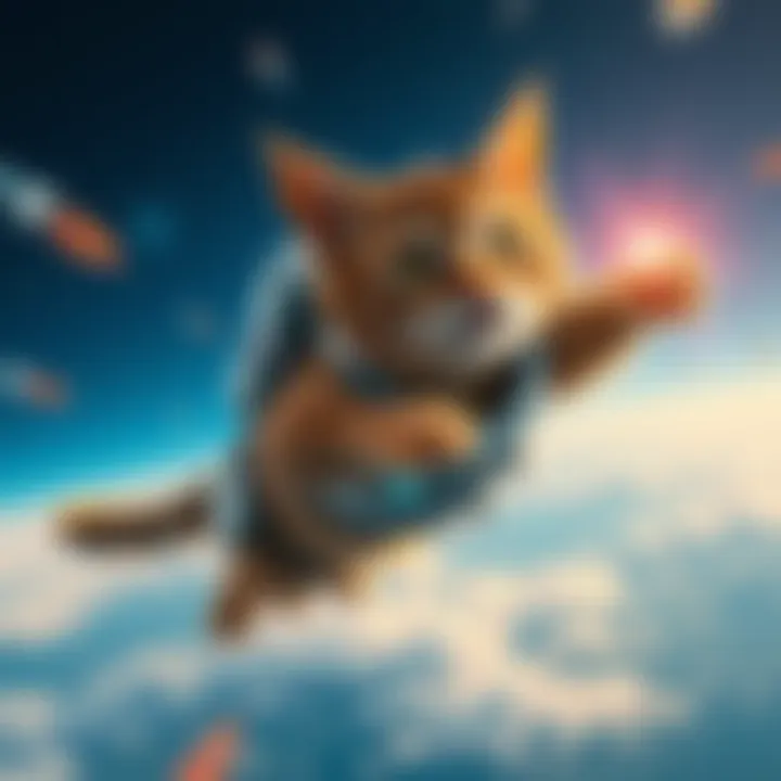 Jetpack Cat in Action A brave cat with a jetpack soaring through the sky while dodging a sleep dart, demonstrating her alertness and agility.