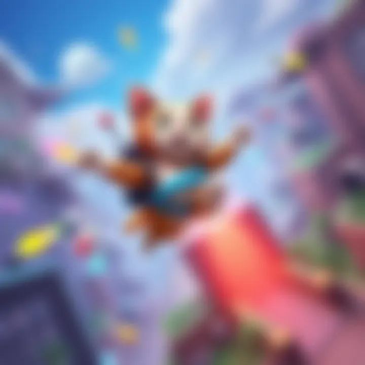 Jetpack Cat in Action A cartoon cat wearing a jetpack, struggling to balance mid-air. The background shows a colorful gaming landscape with players trying to catch the cat.
