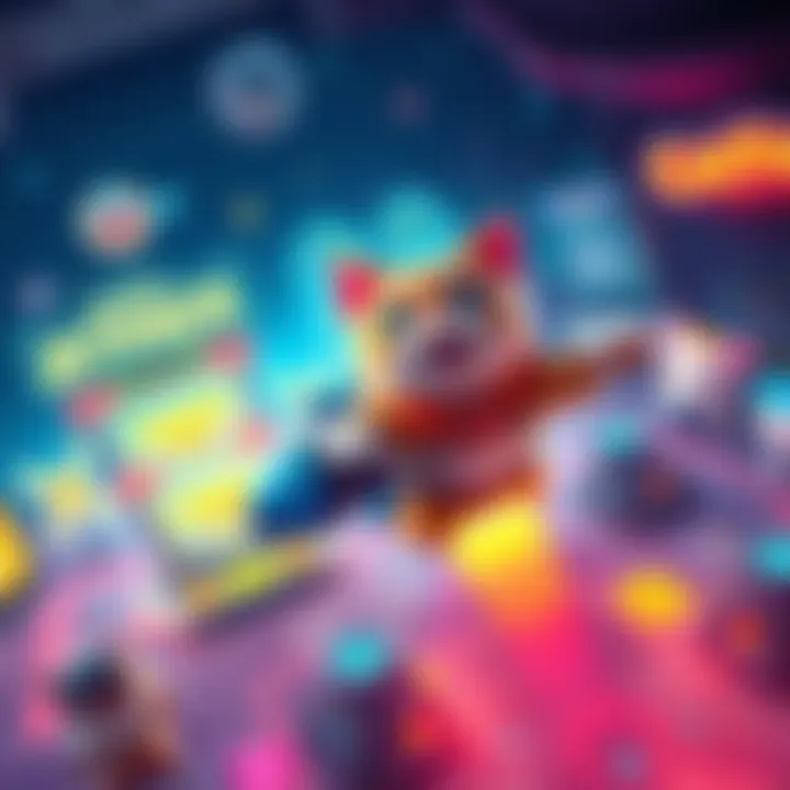 A cartoon cat wearing a jetpack, flying above a gaming arena, surrounded by colorful graphics and other characters.