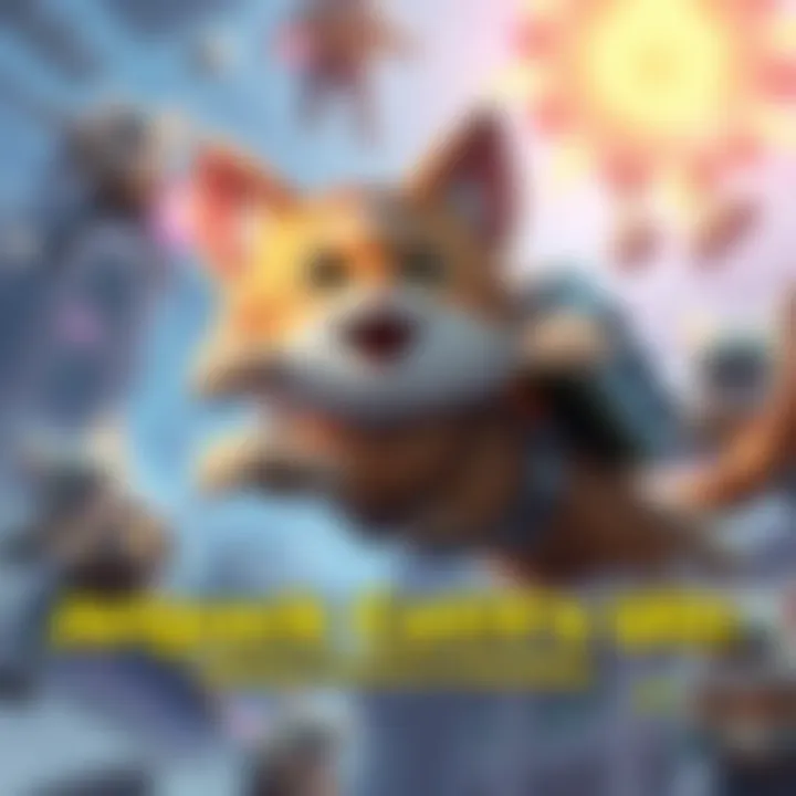 Jetpack Cat in Action A cartoon cat wearing a jetpack, preparing to divebomb while surrounded by teammates in a colorful game setting.