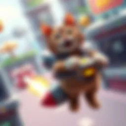 A playful cat wearing a jetpack zooming through a colorful game environment, showcasing agility and fun in quick play mode.