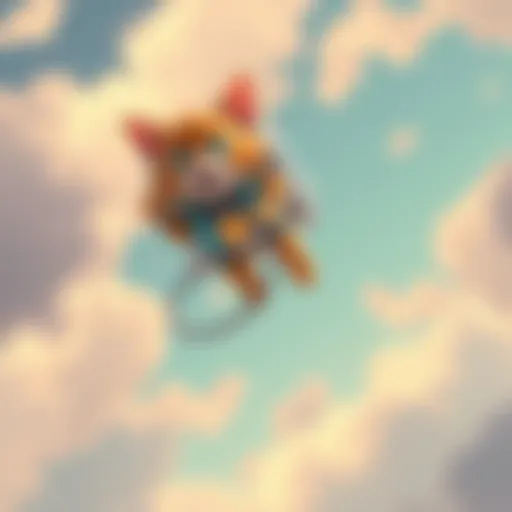 A cartoon cat wearing a jetpack soaring through the sky with a broken tether.
