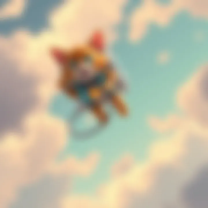 Jetpack Cat in Action A cartoon cat wearing a jetpack soaring through the sky with a broken tether.