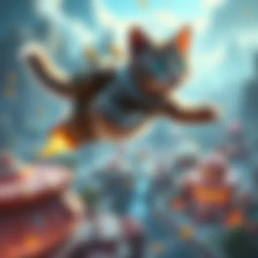 Jetpack Cat Character in Action A jetpack cat character flying with a small hitbox, showcasing its erratic movements above a gaming landscape.