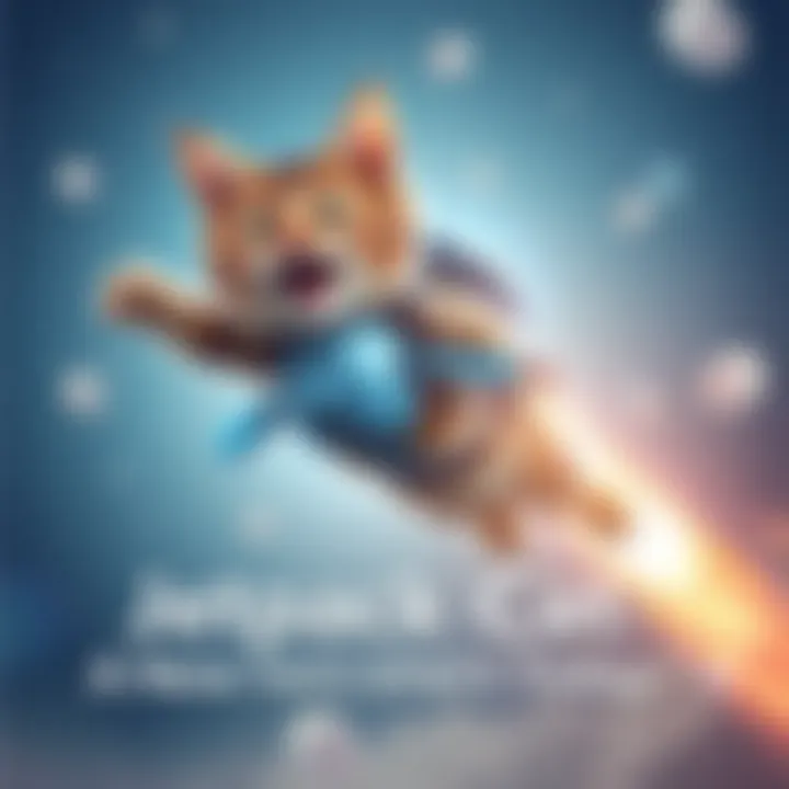 Jetpack Cat in Flight A playful cat wearing a jetpack zooming through the sky with a joyful expression.