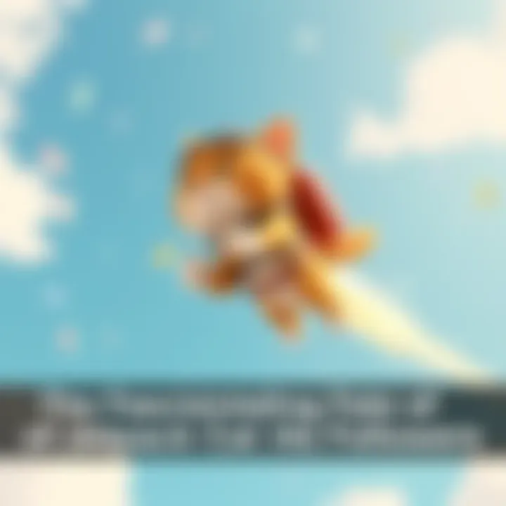 A cartoon cat wearing a jetpack zooms through a bright blue sky, leaving a trail of clouds behind.