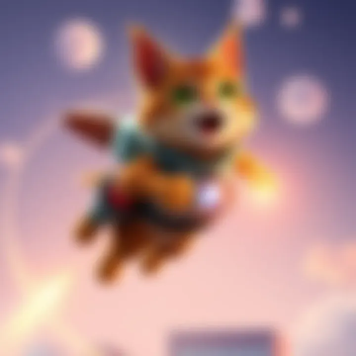 A cartoon cat wearing a jetpack soaring through the sky with excitement.