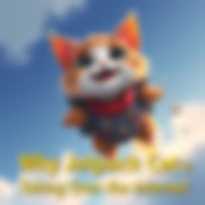 A cartoon cat with a jetpack soaring through the blue sky, wearing a joyful expression, capturing the fun spirit of Jetpack Cat.