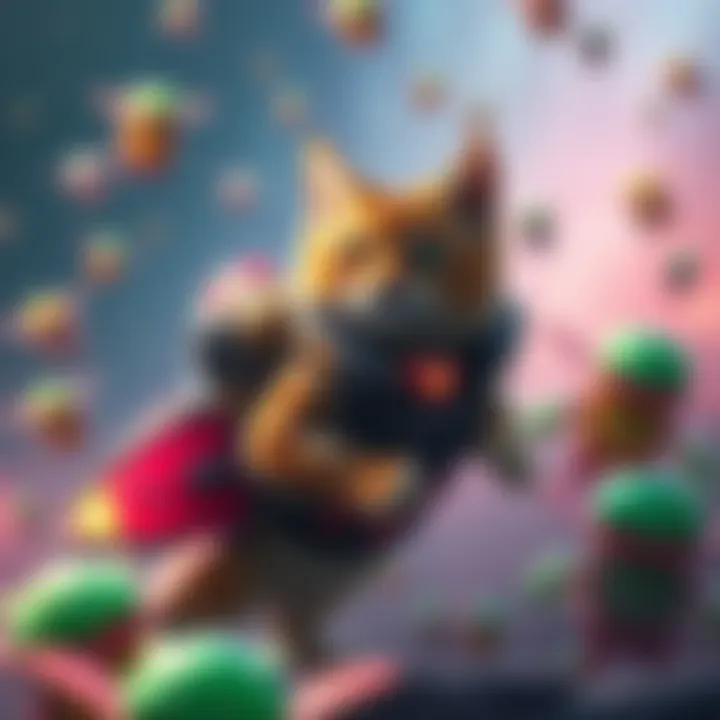 A colorful cat wearing a jetpack and surrounded by vibrant, alien-like creatures known as Glorbus.