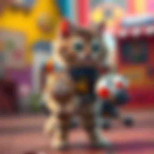 Jetpack Cat wearing a jetpack alongside her tiny friend Hammond, both enjoying a playful moment in a colorful setting.