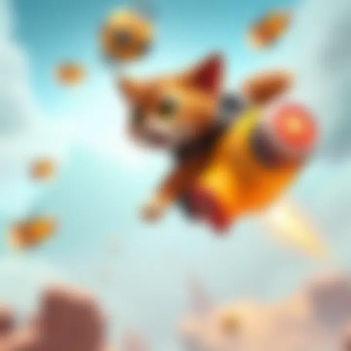 Jetpack Cat flying with a jetpack, showcasing its playful character design, with elements hinting at Mitzi's role in the game.