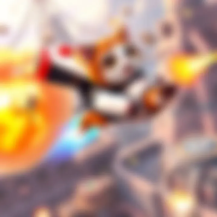 A cartoon-style cat wearing a jetpack, soaring above an Overwatch map, surrounded by colorful explosions and other heroes in action.