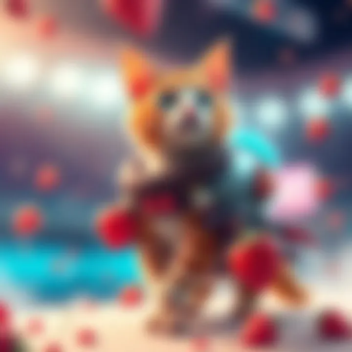 A colorful concept art of a cat wearing a jetpack, decorated with cinnamon roll and strawberry elements, representing a sweet dessert theme.