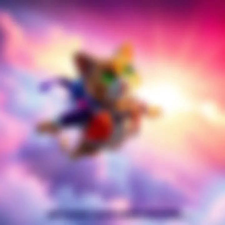 A Jetpack Cat character showcasing different skin options like tabby and tuxedo, flying through a vibrant sky.