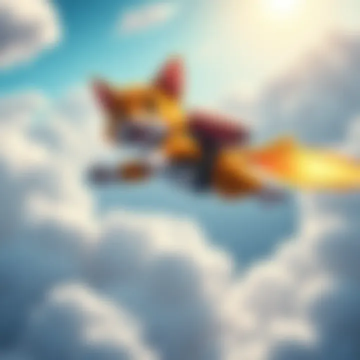 A cartoon cat with a jetpack soaring through the sky, surrounded by clouds and a bright sun, showcasing excitement and adventure.