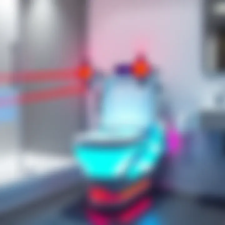 A futuristic toilet with jetpack features and laser elements, showcasing its unique design and colorful look, placed in a modern bathroom setting.