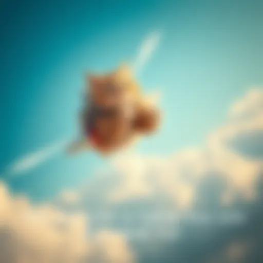 Jetpackcat soaring through the sky A cute cat wearing a jetpack flying joyfully in a blue sky with fluffy clouds