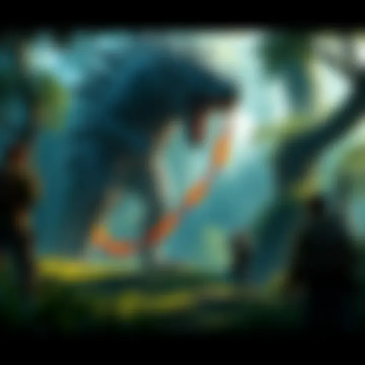 A depiction of Jhen Morhan in a forested area resembling zone 13 from Monster Hunter, with players observing the scene.