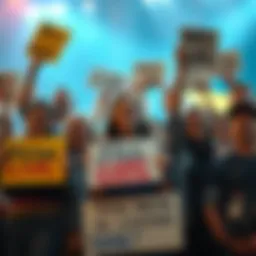 Jill and Claire Fans Celebrating A group of happy fans holding signs and cheering for Jill and Claire, contrasting with a smaller group looking worried about Chris and Leon.