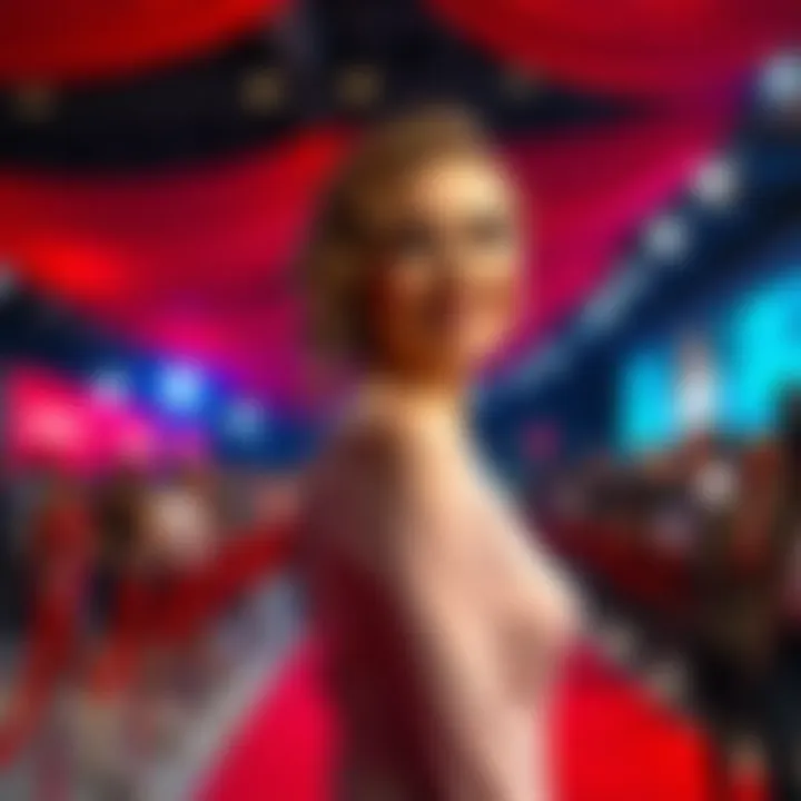 Jill posing confidently at a red carpet event, dressed elegantly with bright lights in the background