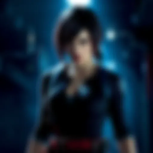 Jill Valentine in Resident Evil 9 Jill Valentine character from Resident Evil 9 with a determined expression, standing in a dark, suspenseful environment.