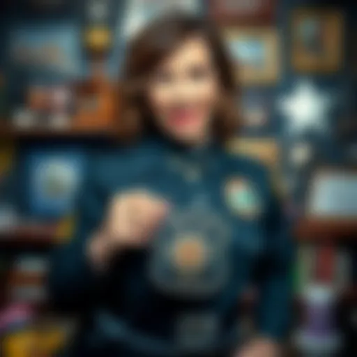 Jill Valentine humorously holding an RPD badge, with a playful expression, surrounded by quirky police department items