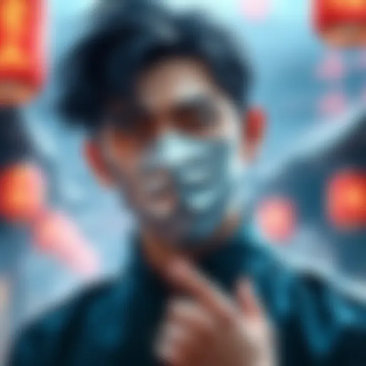 Jin Wearing a Mask Jin stands in a dramatic pose, wearing a mask that covers his face, with a thoughtful expression, highlighting key moments in the story.